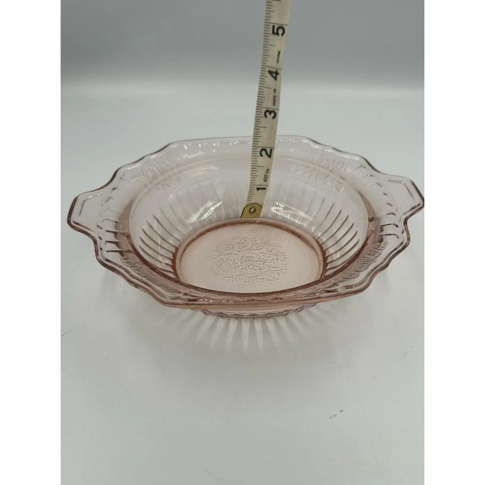 Pink Glass Floral Round Serving Bowl w/ Handles Scalloped Rim 8.5 in